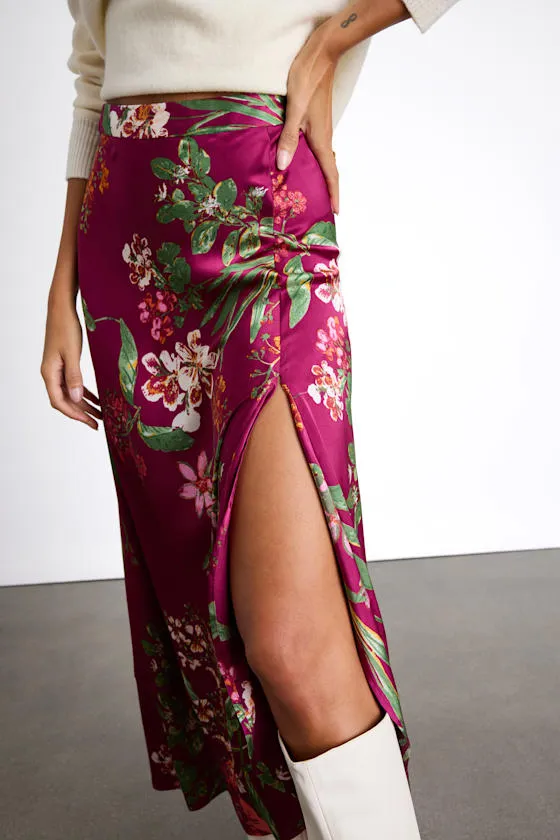 Superbly Stunning Fuchsia Floral Print Satin Maxi Skirt sold by Lulus product image thumbnail 4