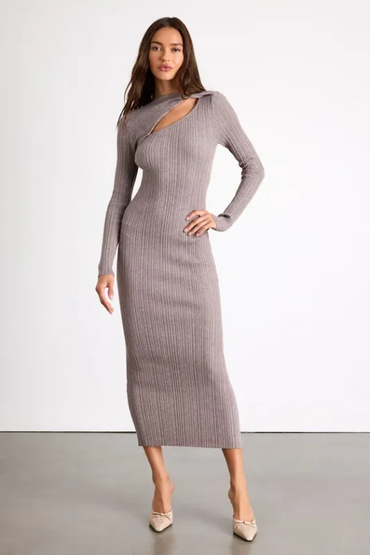 Mattea Grey Ribbed Cutout Long Sleeve Sweater Midi Dress sold by Lulus