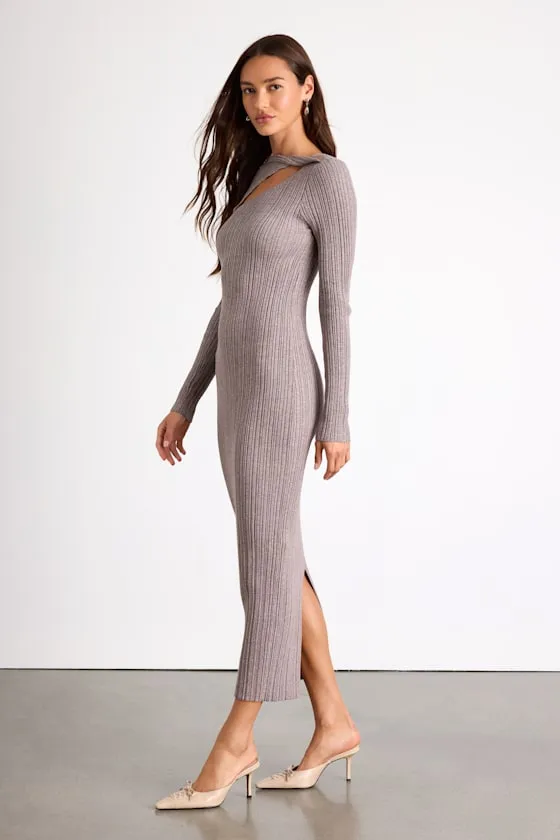 Mattea Grey Ribbed Cutout Long Sleeve Sweater Midi Dress sold by Lulus product image thumbnail 4