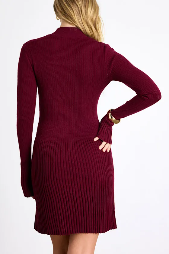 Adiva Burgundy Ribbed Mock Neck Sweater Mini Dress sold by Lulus product image thumbnail 2