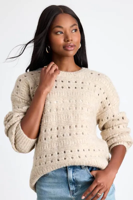 Mariner Beige Pierced Crew Neck Pullover Sweater sold by Lulus