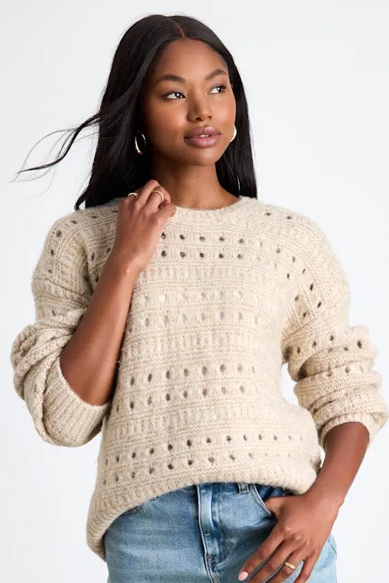 Mariner Beige Pierced Crew Neck Pullover Sweater sold by Lulus