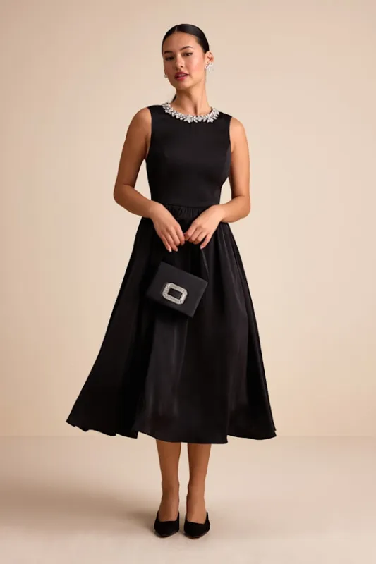 Marietta Black Satin Rhinestone Sleeveless Midi Dress sold by Lulus