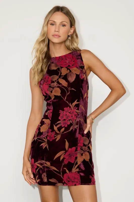 Taslin Burgundy Floral Burnout Velvet Sleeveless Mini Dress sold by Lulus