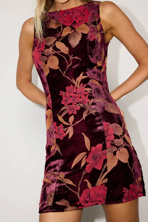 Taslin Burgundy Floral Burnout Velvet Sleeveless Mini Dress sold by Lulus product image thumbnail 2