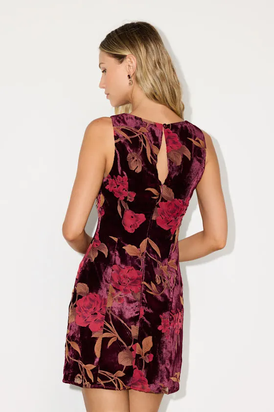 Taslin Burgundy Floral Burnout Velvet Sleeveless Mini Dress sold by Lulus product image thumbnail 3