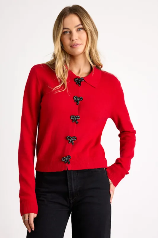 Daleena Red Bow Collared Cardigan Sweater sold by Lulus