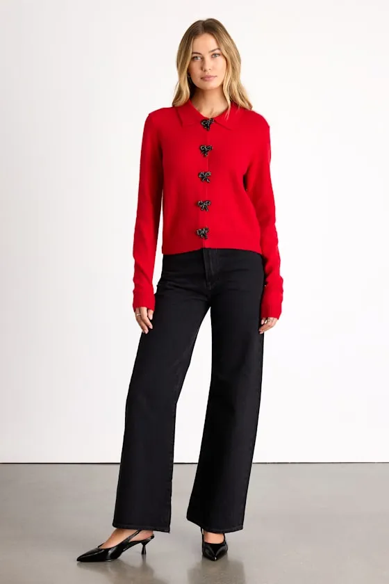 Daleena Red Bow Collared Cardigan Sweater sold by Lulus product image thumbnail 4