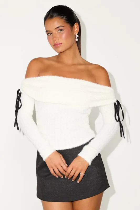 Bellaria White Textured Off-the-Shoulder Bow Sweater Top made by Lulus