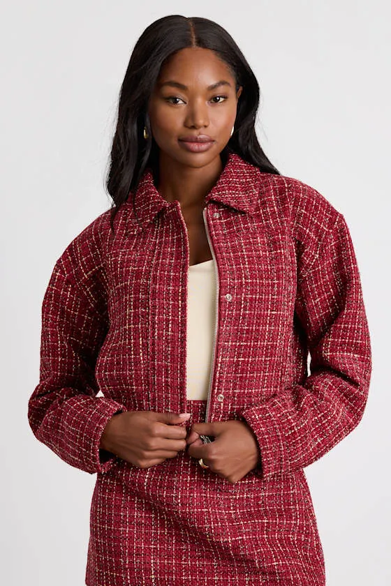 Shaelyn Berry Red Tweed Cropped Bomber Jacket sold by Lulus