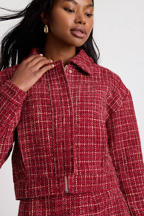 Shaelyn Berry Red Tweed Cropped Bomber Jacket sold by Lulus product image thumbnail 2
