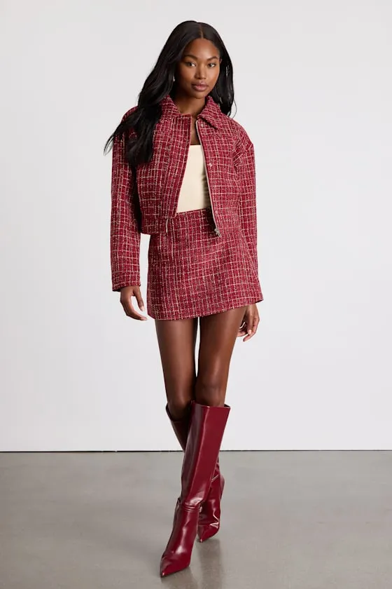 Shaelyn Berry Red Tweed Cropped Bomber Jacket sold by Lulus product image thumbnail 3