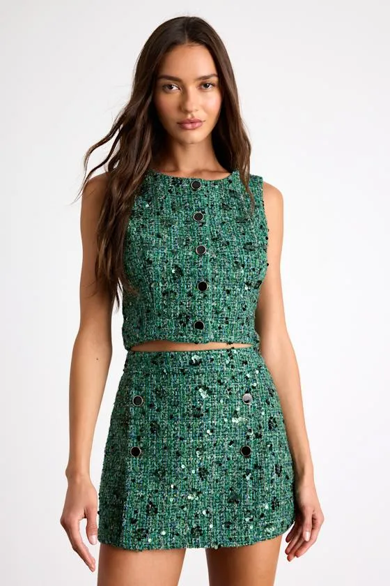 Namari Emerald Tweed Sequin Double-Breasted Mini Skirt sold by Lulus