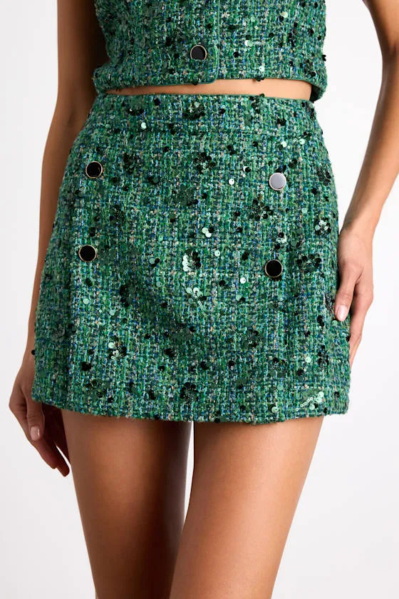 Namari Emerald Tweed Sequin Double-Breasted Mini Skirt sold by Lulus product image thumbnail 2