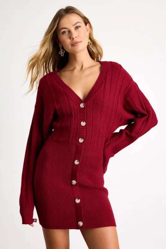 Bowyn Dark Red Cable Knit Button-Front Sweater Mini Dress sold by Lulus