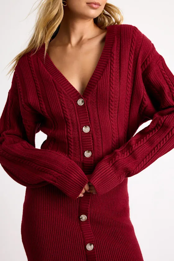 Bowyn Dark Red Cable Knit Button-Front Sweater Mini Dress sold by Lulus product image thumbnail 2