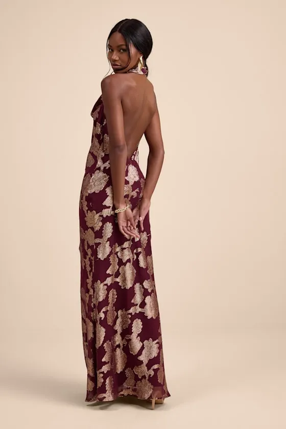 Zafira Burgundy and Gold Burnout Cowl Halter Maxi Dress sold by Lulus