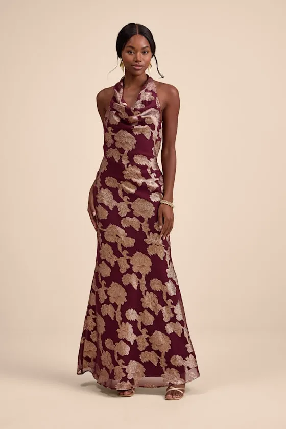 Zafira Burgundy and Gold Burnout Cowl Halter Maxi Dress sold by Lulus product image thumbnail 2