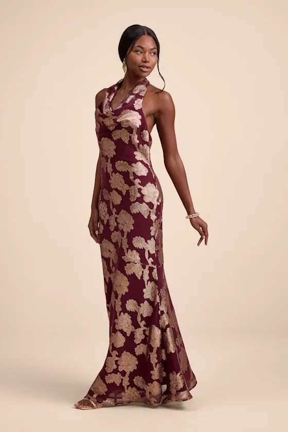 Zafira Burgundy and Gold Burnout Cowl Halter Maxi Dress sold by Lulus product image thumbnail 4