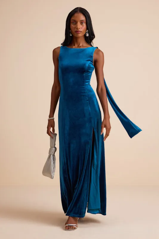 Liora Dark Teal Velvet Boat Neck Sash Maxi Dress sold by Lulus