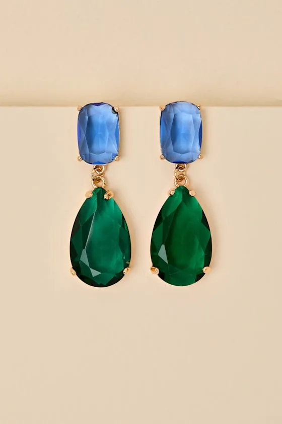 Hollyn Blue and Green Rhinestone Drop Earrings sold by Lulus