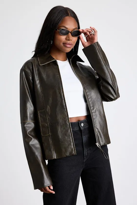 Aureyla Dark Brown Distressed Vegan Leather Jacket sold by Lulus