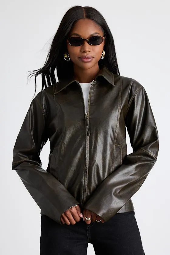 Aureyla Dark Brown Distressed Vegan Leather Jacket sold by Lulus product image thumbnail 4