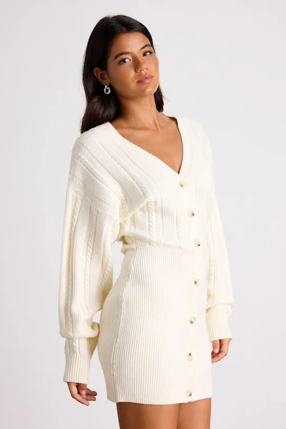 Bowyn Ivory Cable Knit Button-Front Sweater Mini Dress sold by Lulus