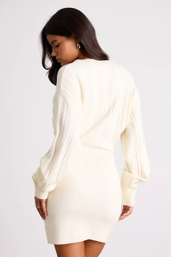 Bowyn Ivory Cable Knit Button-Front Sweater Mini Dress sold by Lulus product image thumbnail 3
