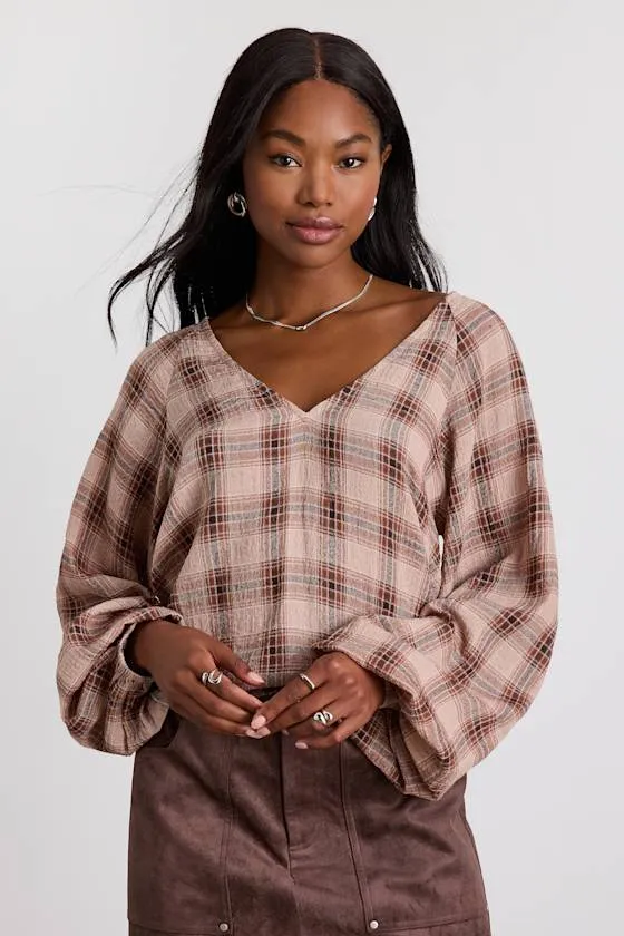 Aldwin Taupe and Brown Plaid Cotton Balloon Sleeve Top sold by Lulus
