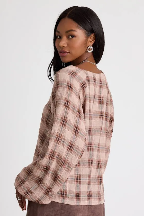 Aldwin Taupe and Brown Plaid Cotton Balloon Sleeve Top sold by Lulus product image thumbnail 2