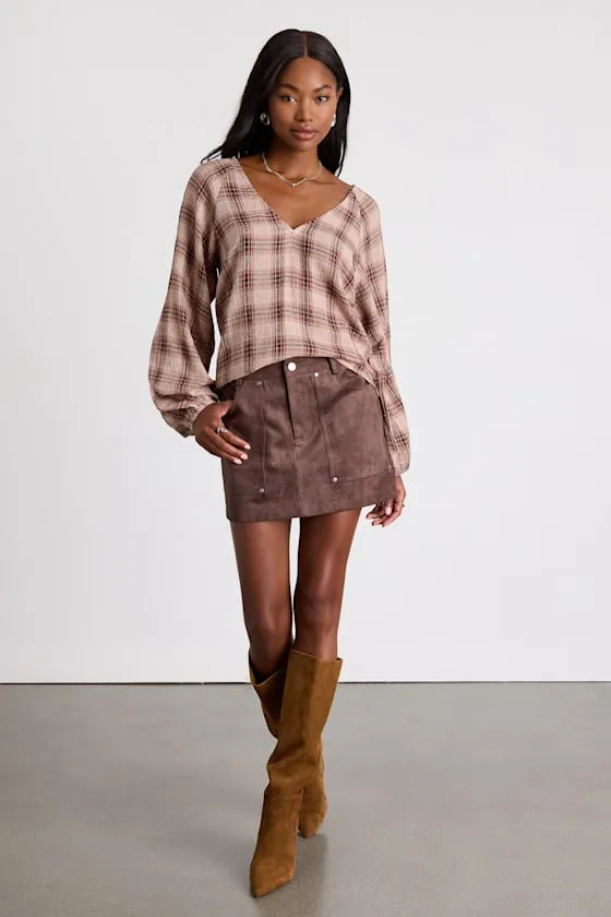Aldwin Taupe and Brown Plaid Cotton Balloon Sleeve Top sold by Lulus product image thumbnail 3
