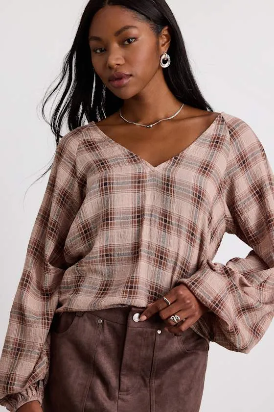 Aldwin Taupe and Brown Plaid Cotton Balloon Sleeve Top sold by Lulus product image thumbnail 4