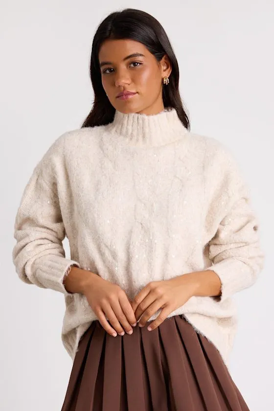 Brinsley Heathered Beige Cable Knit Sequin Turtleneck Sweater sold by Lulus