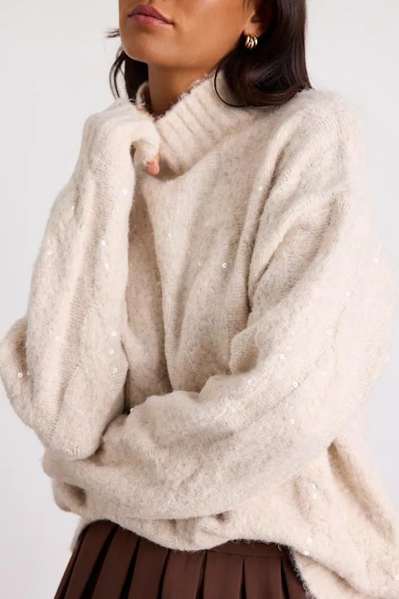 Brinsley Heathered Beige Cable Knit Sequin Turtleneck Sweater sold by Lulus product image thumbnail 2