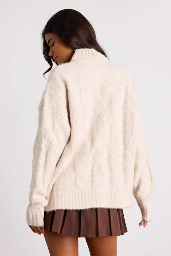 Brinsley Heathered Beige Cable Knit Sequin Turtleneck Sweater sold by Lulus product image thumbnail 3