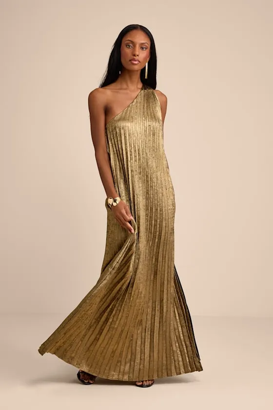 Averette Bronze Metallic Pleated One-Shoulder Maxi Dress sold by Lulus