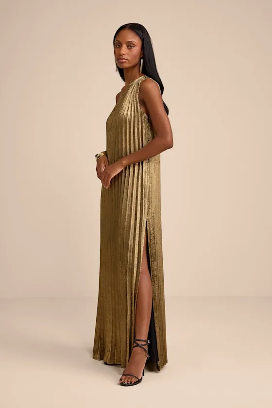 Averette Bronze Metallic Pleated One-Shoulder Maxi Dress sold by Lulus product image thumbnail 4