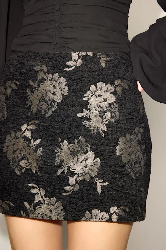 Zinova Black Floral Jacquard High-Rise Mini Skirt sold by Lulus product image thumbnail 2