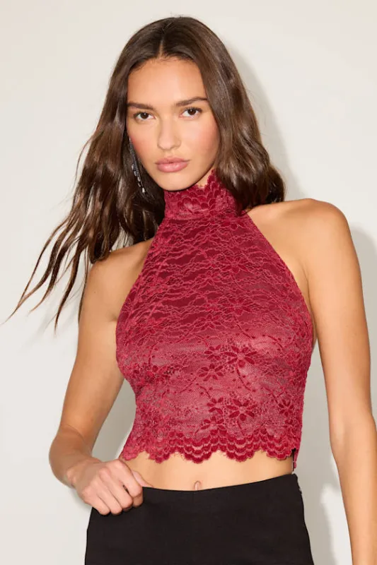 Khalila Wine Red Scalloped Lace Halter Crop Top sold by Lulus