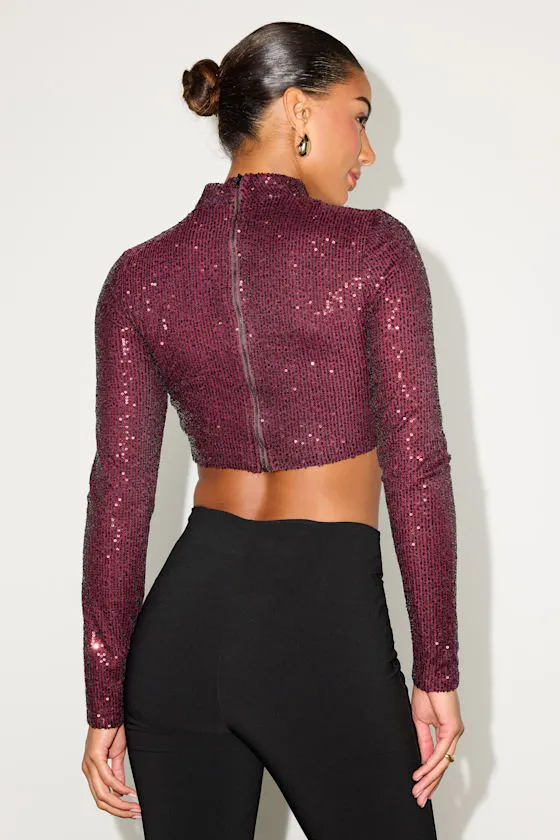 Dazzling Beauty Burgundy Sequin Long Sleeve Mock Neck Crop Top sold by Lulus product image thumbnail 3