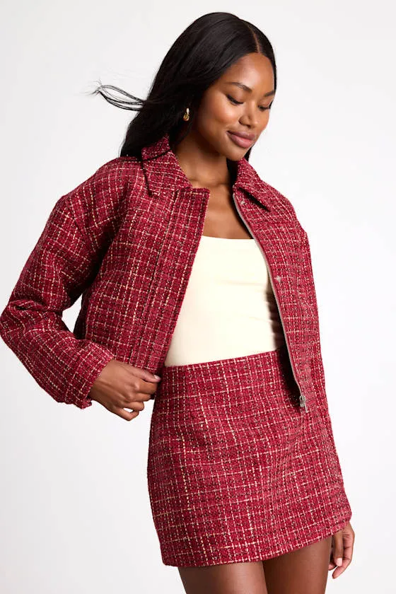 Shaelyn Berry Red Tweed Mid-Rise Mini Skirt sold by Lulus