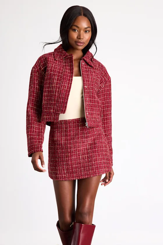 Shaelyn Berry Red Tweed Mid-Rise Mini Skirt sold by Lulus product image thumbnail 3