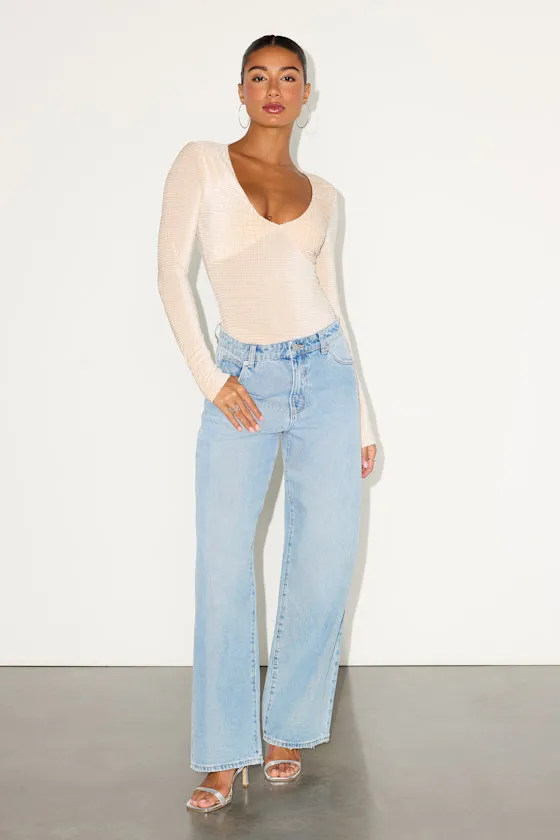 Stelly Shiny Light Beige Velvet Textured Long Sleeve Bodysuit sold by Lulus product image thumbnail 3