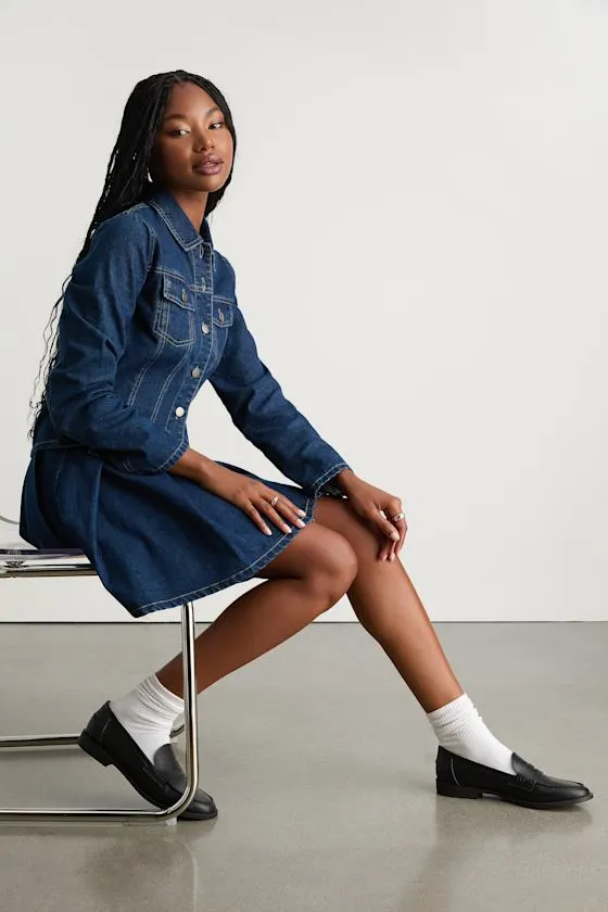 Calloway Dark Wash Denim Two-Piece Pleated Mini Dress sold by Lulus