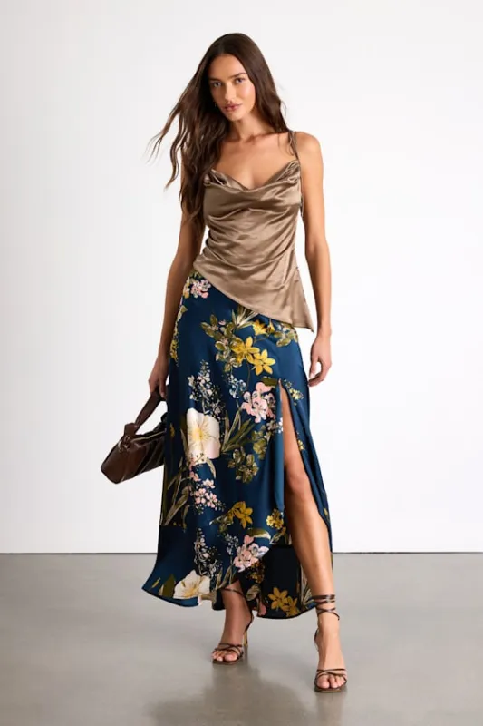 Superbly Stunning Navy Floral Print Satin Maxi Skirt sold by Lulus