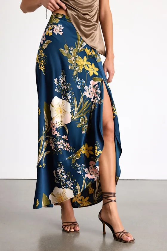 Superbly Stunning Navy Floral Print Satin Maxi Skirt sold by Lulus product image thumbnail 2