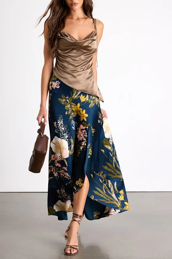 Superbly Stunning Navy Floral Print Satin Maxi Skirt sold by Lulus product image thumbnail 4