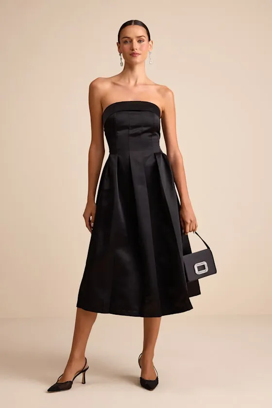 Indaya Black Satin Seamed Pleated Strapless Midi Dress sold by Lulus