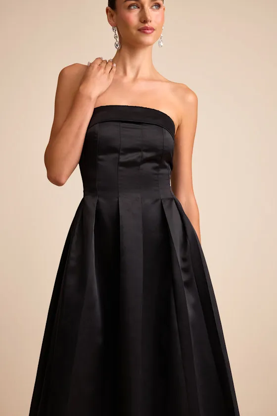 Indaya Black Satin Seamed Pleated Strapless Midi Dress sold by Lulus product image thumbnail 2